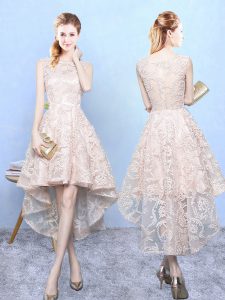 Lace Quinceanera Court of Honor Dress Champagne Zipper Sleeveless High Low