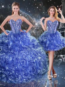 Deluxe Sleeveless Organza Floor Length Lace Up 15th Birthday Dress in Blue with Beading and Ruffles
