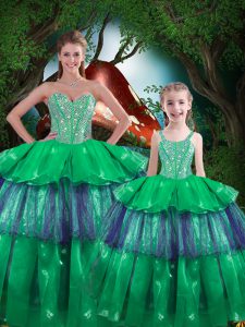Popular Green Organza Lace Up Sweet 16 Dresses Sleeveless Floor Length Beading and Ruffled Layers
