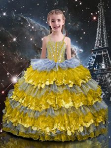 Simple Organza Straps Sleeveless Lace Up Beading and Ruffled Layers Little Girl Pageant Gowns in Multi-color