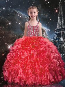 Discount Floor Length Ball Gowns Sleeveless Coral Red Child Pageant Dress Lace Up