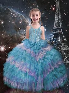 Straps Sleeveless Little Girls Pageant Gowns Floor Length Beading and Ruffled Layers Teal Organza
