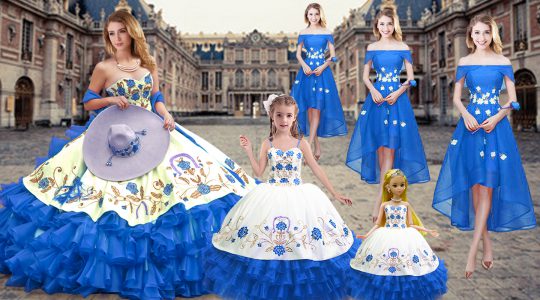 On Sale Royal Blue Sweetheart Neckline Embroidery and Ruffled Layers Ball Gown Prom Dress Sleeveless Lace Up