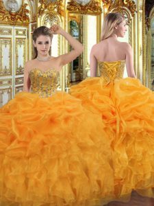 Superior Orange Sweetheart Lace Up Beading and Ruffles Sweet 16 Dress Sleeveless