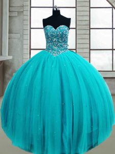 Affordable Aqua Blue Ball Gowns Tulle Sweetheart Sleeveless Beading Floor Length Lace Up Sweet 16 Dress