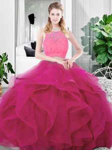 Fuchsia Tulle Zipper Scoop Sleeveless Floor Length Quinceanera Gown Lace and Ruffles