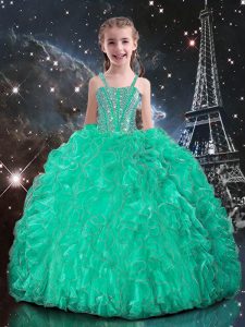 Perfect Sleeveless Floor Length Beading and Ruffles Lace Up Little Girls Pageant Gowns with Turquoise