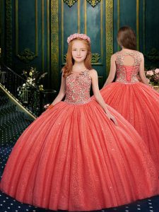 Scoop Sleeveless Little Girls Pageant Dress Wholesale Floor Length Appliques Watermelon Red Tulle