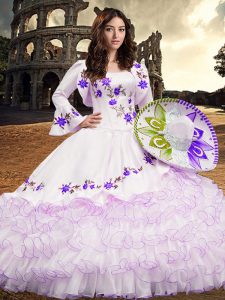 Simple Floor Length White Quinceanera Gowns Organza Long Sleeves Embroidery and Ruffled Layers