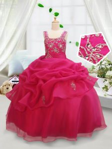 Trendy Square Hot Pink Sleeveless Beading and Pick Ups Floor Length Little Girl Pageant Dress