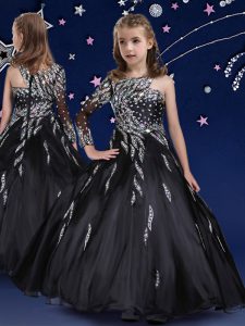 Floor Length Black Little Girls Pageant Gowns Organza Sleeveless Beading and Ruffles