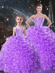 Pretty Sleeveless Floor Length Beading and Ruffles Lace Up Sweet 16 Quinceanera Dress with Lavender