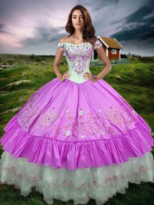 Great Lilac 15th Birthday Dress Military Ball and Sweet 16 and Quinceanera with Beading and Embroidery and Ruffled Layers Off The Shoulder Sleeveless Lace Up