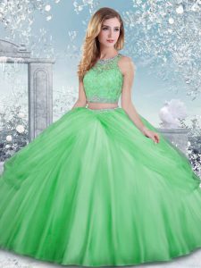 Tulle Scoop Sleeveless Clasp Handle Beading and Lace Quince Ball Gowns in