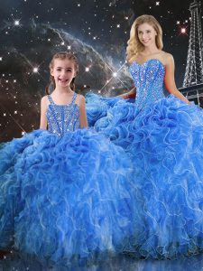 Baby Blue Organza Lace Up Sweetheart Sleeveless Floor Length Quince Ball Gowns Beading and Ruffles