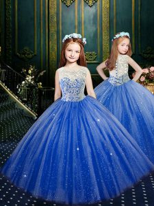 Floor Length Blue Pageant Gowns For Girls Scoop Sleeveless Clasp Handle