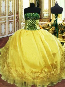 Decent Gold Ball Gowns Sweetheart Sleeveless Organza Floor Length Lace Up Embroidery and Ruffles Sweet 16 Dresses