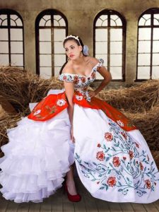 Custom Made Multi-color Off The Shoulder Lace Up Embroidery and Ruffled Layers Ball Gown Prom Dress Sleeveless