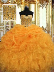 Lovely Orange Organza Lace Up Sweetheart Sleeveless Floor Length Sweet 16 Dress Beading and Ruffles