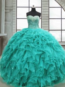Sweetheart Sleeveless Lace Up Sweet 16 Dresses Turquoise Organza