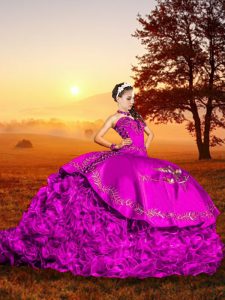 Luxury Sweetheart Sleeveless Brush Train Lace Up 15th Birthday Dress Fuchsia Organza