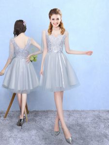 Dynamic Silver Empire V-neck Half Sleeves Tulle Knee Length Lace Up Lace Dama Dress