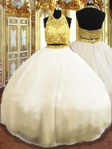 Romantic Ball Gowns Vestidos de Quinceanera Champagne Halter Top Tulle Sleeveless Floor Length Zipper