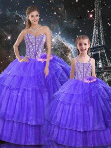Top Selling Floor Length Purple Ball Gown Prom Dress Organza and Tulle Sleeveless Ruffled Layers and Sequins