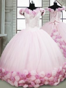 Delicate Fabric With Rolling Flowers Off The Shoulder Sleeveless Brush Train Lace Up Hand Made Flower Sweet 16 Dress in Pink