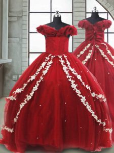 Wine Red Tulle Lace Up Off The Shoulder Sleeveless Child Pageant Dress Brush Train Appliques