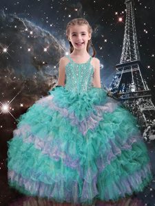 Straps Sleeveless Pageant Gowns For Girls Floor Length Beading and Ruffled Layers Turquoise Organza