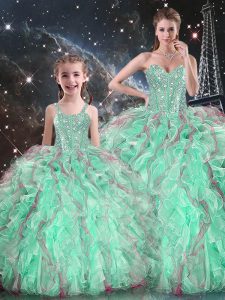 Floor Length Turquoise Sweet 16 Dress Organza Sleeveless Beading and Ruffles