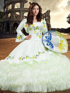Free and Easy Square Long Sleeves Ball Gown Prom Dress Floor Length Embroidery and Ruffled Layers White Organza
