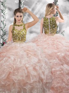 Suitable Peach Scoop Zipper Beading and Ruffles Sweet 16 Dresses Sleeveless