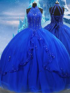 Royal Blue Quinceanera Gown Tulle Brush Train Sleeveless Beading and Ruffles