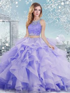 Beauteous Lavender Organza Clasp Handle Scoop Sleeveless Floor Length Ball Gown Prom Dress Beading and Ruffles
