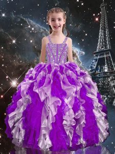 Eggplant Purple Lace Up Straps Beading and Ruffles Pageant Gowns For Girls Organza Sleeveless