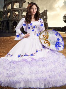 High Quality Royal Blue Lace Up Square Embroidery and Ruffled Layers Sweet 16 Dresses Organza Long Sleeves