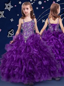 Organza Asymmetric Sleeveless Lace Up Beading and Ruffled Layers Little Girl Pageant Gowns in Purple