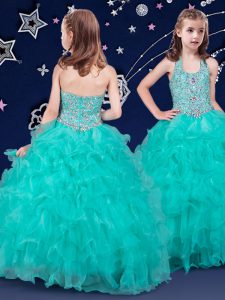 Inexpensive Halter Top Turquoise Sleeveless Organza Zipper Little Girls Pageant Gowns for Quinceanera and Wedding Party