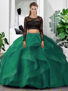 Dark Green Tulle Backless Scoop Long Sleeves Floor Length Sweet 16 Quinceanera Dress Lace and Ruffles