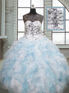 Blue And White Organza Lace Up Ball Gown Prom Dress Sleeveless Floor Length Beading and Ruffles