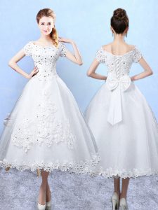 Attractive Tulle Scoop Short Sleeves Lace Up Beading and Lace and Bowknot Vestidos de Damas in White