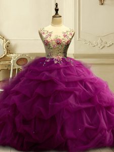 Inexpensive Organza Scoop Sleeveless Lace Up Appliques and Ruffles and Sequins 15th Birthday Dress in Fuchsia