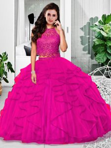 Fuchsia Sleeveless Lace and Ruffles Floor Length Sweet 16 Dress