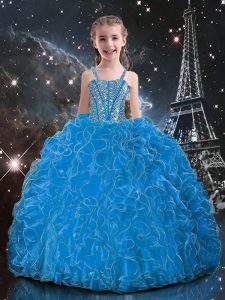 Floor Length Baby Blue Kids Formal Wear Straps Sleeveless Lace Up