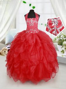 Red Halter Top Lace Up Beading and Ruffles Girls Pageant Dresses Sleeveless