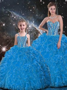 Affordable Floor Length Baby Blue Sweet 16 Quinceanera Dress Organza Sleeveless Beading and Ruffles