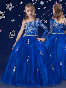 Royal Blue Ball Gowns Bateau Sleeveless Organza Floor Length Zipper Beading Little Girl Pageant Gowns