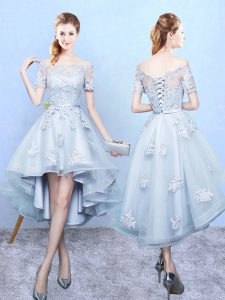 Short Sleeves High Low Lace Lace Up Damas Dress with Light Blue